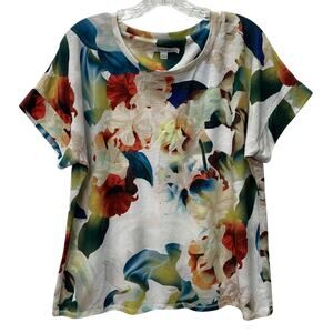 Chico's Size 1 Womens Medium White Orange Floral Drop Shoulder Tee Shirt Blouse
